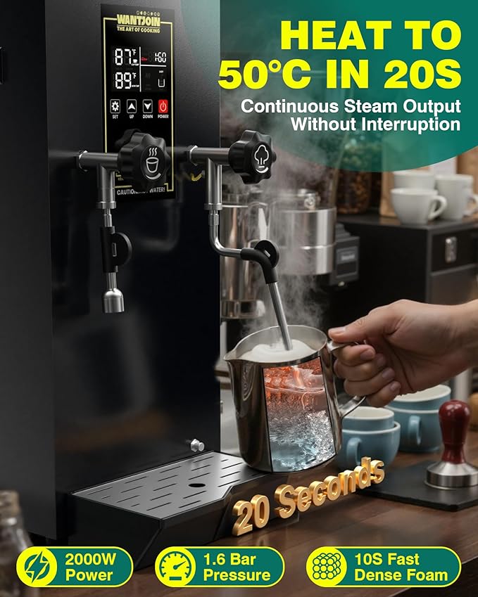 WantJoin Commercial Milk Frother & Beverage Heater - 1800W Multi-functional Milk Steamer Machine with LED Display Panel for Latte, Cappuccino, Coffee, Milk Tea Foam, Hot Water Dispenser - Hotel & Home