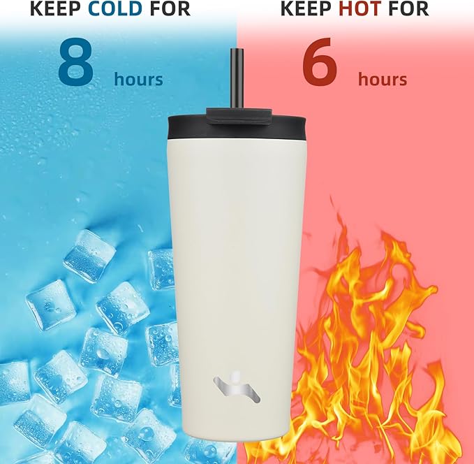 22 OZ Insulated Tumbler with Lid and 2 Straws Stainless Steel Water Bottle Vacuum Travel Mug Coffee Cup,Angel White