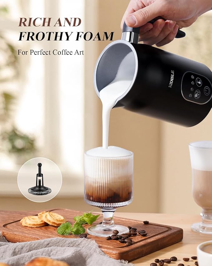 Milk Frother and Steamer 4 in 1, Milk Steamer with Auto Temperature Control, Warm & Cold Foam Maker, Hot Chocolate Maker, Frother for Coffee, Latte, Cappuccino, Black