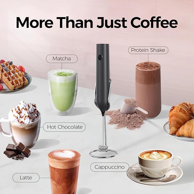 YARRAMATE Electric Milk Frother Wand with Stainless Steel Whisk and Stand, Fast Rechargeable Coffee Mixer with 3 Speeds, Handheld Drink Stirrer, Whisk Foam Maker for Lattes, Cappuccino, Matcha (Black)