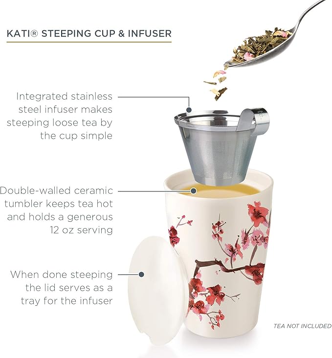 Tea Forté KATI Single Cup Loose Leaf Tea Brewing System, Insulated Ceramic Cup with Improved Tea Infuser and Lid, Cherry Blossoms