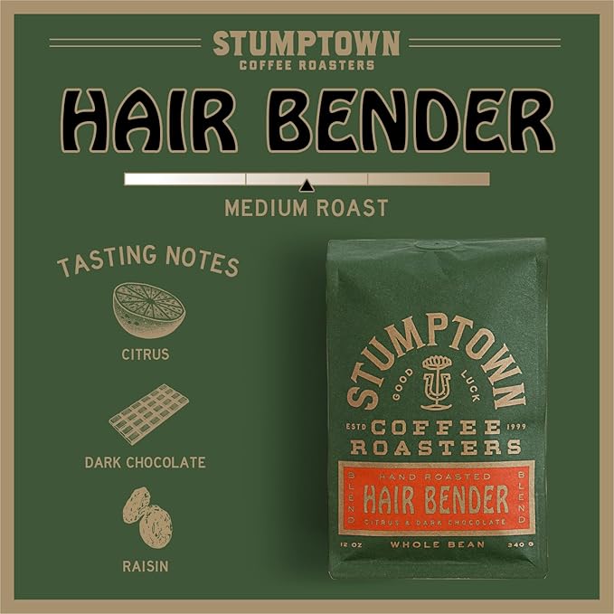 Stumptown Coffee Roasters, Medium Roast Whole Bean Coffee - Hair Bender, Flavor Notes of Citrus and Dark Chocolate, 24 Ounces (2 Bags of 12 Ounces)