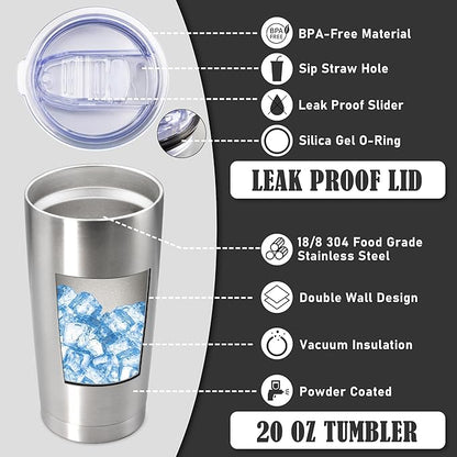 20 oz Tumbler Coffee Tavel Tumblers Bulk with Lid Stainless Steel Double Wall Vacuum Insulated Mug Powder Coated Cups fit Car Cupholder for Hot and Cold - Stainless Steel, 8Pack