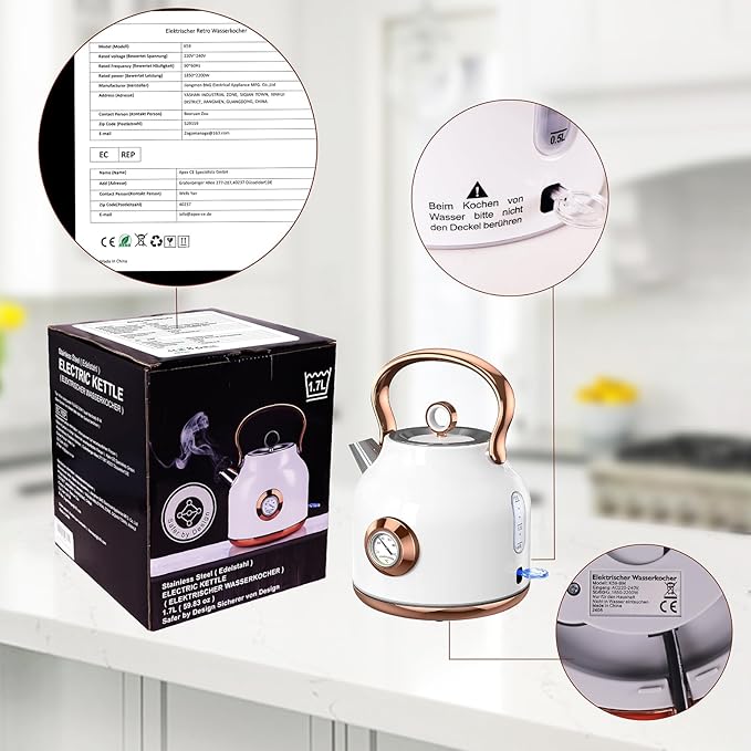 Retro Electric Kettle, 1.7L Stainless Steel Tea Kettle with Large Temperature Gauge, 1500W Fast Heating Hot Water Boiler with LED Indicator, Auto Shut-off & Boil-Dry Protection-Reteo White