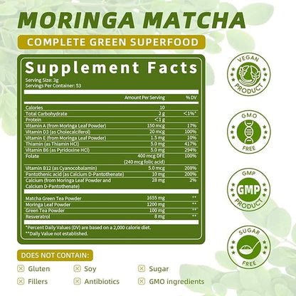 Catfit Matcha Powder with Moringa, Green Tea and Resveratrol, 4-in-1 Superfood for Energy, Immune, Digestion and Antioxidant Support, Vegan, Gluten-Free, 5.64 oz