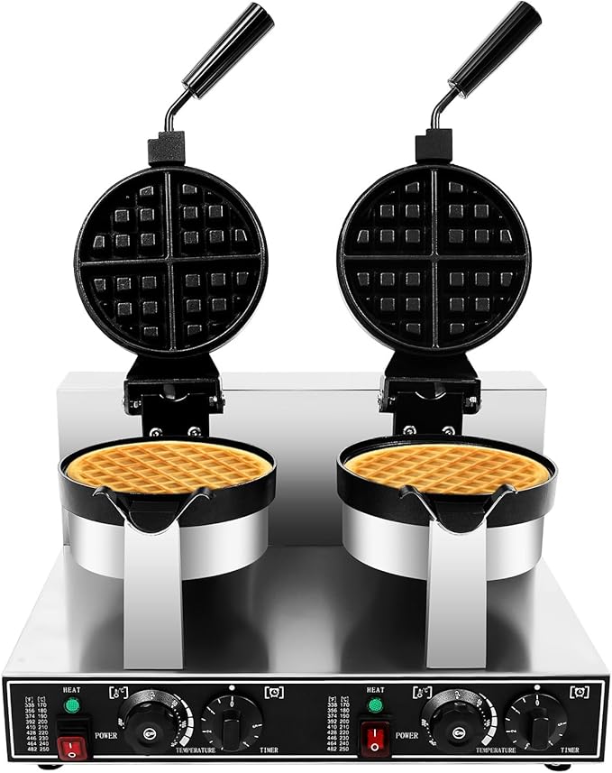 Commercial Waffle Maker, Double Head Waffle Maker Machine Belgian Round Waffle Iron Non-Stick Rotary Heating Pancake Machine with Temp & Time Control for Kitchen Restaurant (Stye 2)