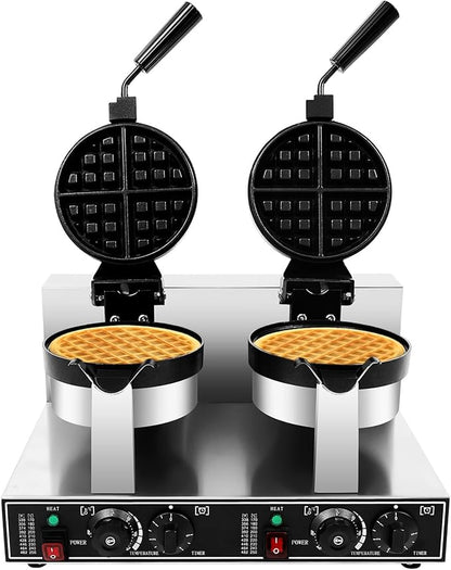 Commercial Waffle Maker, Double Head Waffle Maker Machine Belgian Round Waffle Iron Non-Stick Rotary Heating Pancake Machine with Temp & Time Control for Kitchen Restaurant (Stye 2)