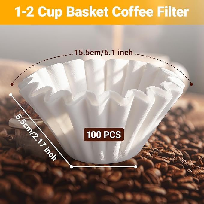 Segarty 1-2 Cup Basket Paper Coffee Filters Disposable, 100pcs 6.1in White Paper Filter Pour Over Maker Basket Dripper for Office Cafeteria, Coffee Bar & Pot Liners Accessory for Commercial Household