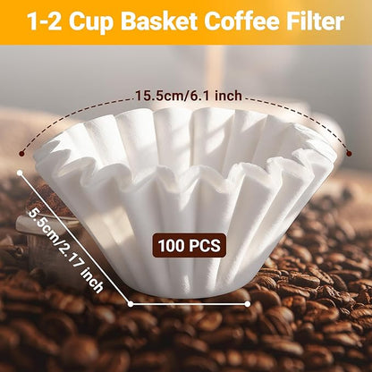 Segarty 1-2 Cup Basket Paper Coffee Filters Disposable, 100pcs 6.1in White Paper Filter Pour Over Maker Basket Dripper for Office Cafeteria, Coffee Bar & Pot Liners Accessory for Commercial Household