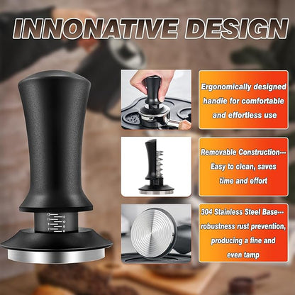 Coffee Espresso Tamper 51mm with WDT Tool Calibrated Spring Loaded,wdt tool espresso and Silicone Tamper Mat,Dosing funnel and coffee puck screen,Black espresso accessories Tool,12 replacement needles