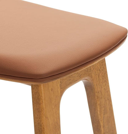 Plank+Beam Beryl Bar Height Stool - Mid-Century Modern Rubberwood Bar Stool with Faux Leather Seat, Metal Footrest, Easy Assembly, Pecan/Toffee