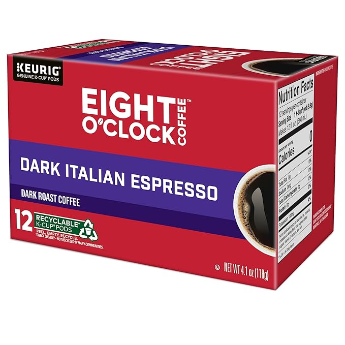 Eight O'Clock Coffee Dark Italian Espresso Roast, Keurig Single Serve K-Cup Pods, Dark Roast, 12 Count (Pack of 6)