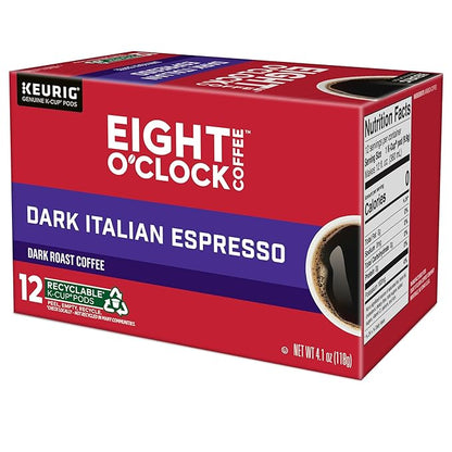 Eight O'Clock Coffee Dark Italian Espresso Roast, Keurig Single Serve K-Cup Pods, Dark Roast, 12 Count (Pack of 6)