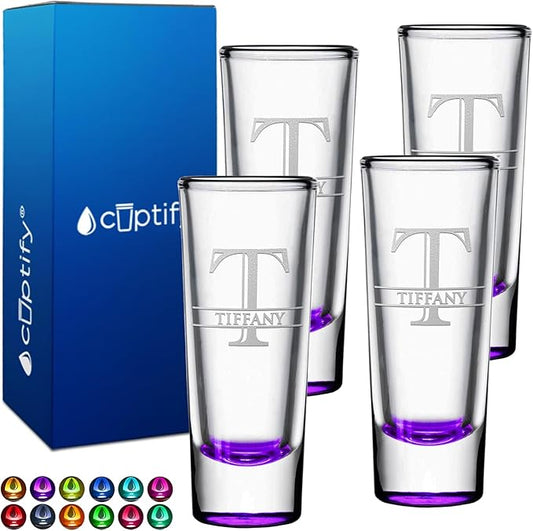 Personalized Shot Glasses Set of 4 Purple Bottom Custom 2 oz Cordial Shot Glass Initial and Name for Gifts, Weddings, Birthdays, Party, Event, Decorations