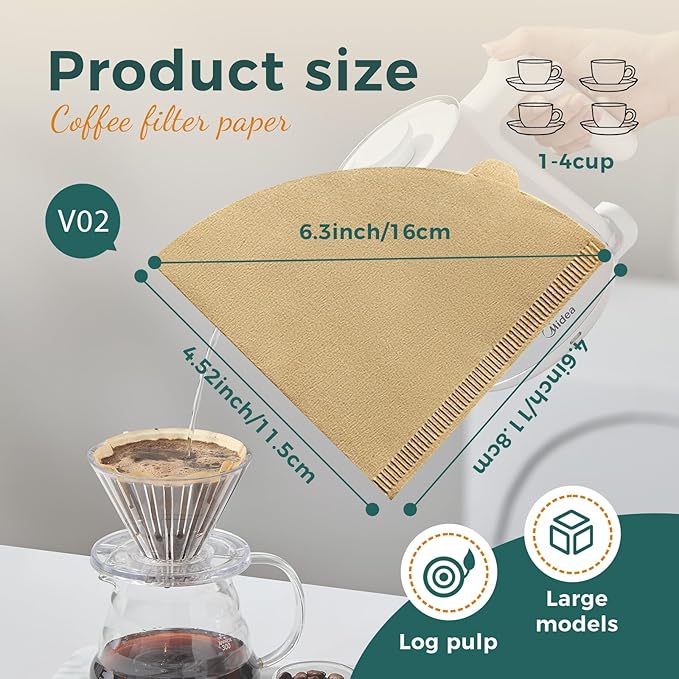 HAPIGO Easy-Dispensing Natural Brown Cone Coffee Filters V02 Size, 100 Count - Unbleached Paper Filters for Pour Over Brewing, Compatible with Chemex, Hario V60 & More，Box for Easy Use & Tidy Storage