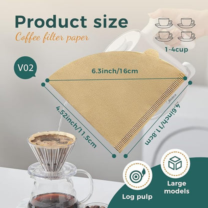 HAPIGO Easy-Dispensing Natural Brown Cone Coffee Filters V02 Size, 100 Count - Unbleached Paper Filters for Pour Over Brewing, Compatible with Chemex, Hario V60 & More，Box for Easy Use & Tidy Storage