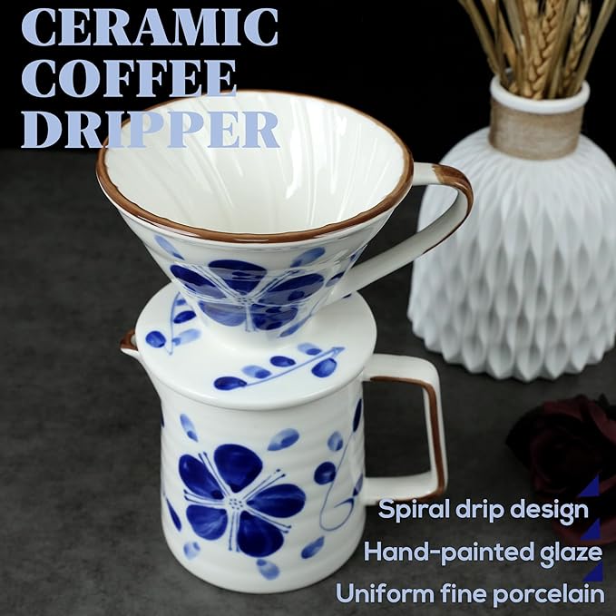 Ceramic Pour Over Coffee Dripper Set, Porcelain Pourover Coffee Dripper for 1–4 Cups, V60 (White & Blue)