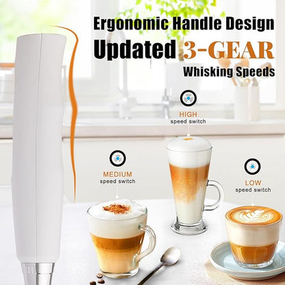 Nahida White Milk Frother Wand for Coffee, Frother Handheld Rechargeable Electric Whisk with 3 Heads 3 Speeds Drink Mixer Coffee Frother Foam Maker For Latte, Cappuccino, Hot Chocolate, Egg