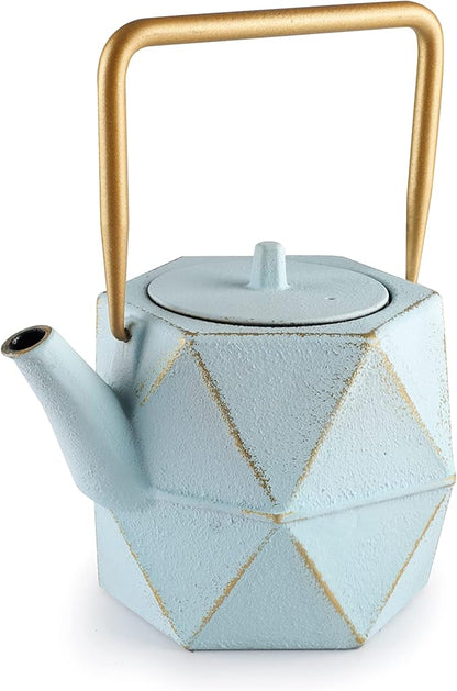 IBILI 40 Oz Kerala Cast Iron Teapot | Made in Spain | Diamond Design, Stainless Steel Infuser, Enameled Interior, Stovetop & Induction Compatible, Japanese Kettle for Leaf Tea, Tetsubin, Light Blue