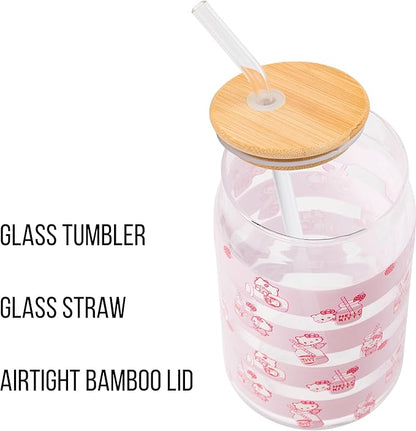 Silver Buffalo Sanrio Hello Kitty Strawberry Milk Pink Glass Jar Tumbler with Bamboo Lid and Glass Straw, 16 Ounces