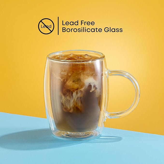 JoyJolt Double Wall Glasses 13.5-Ounce Insulated Mugs Double Walled Glass Cups For Coffee Tea Set of 2