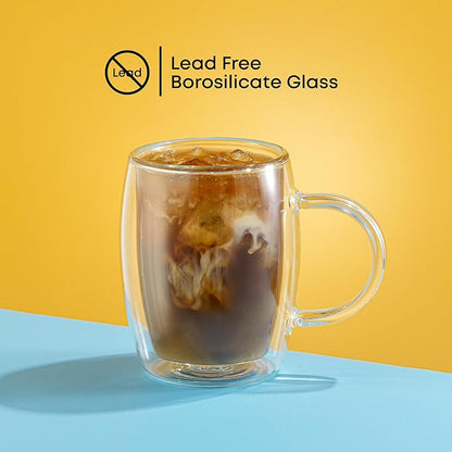 JoyJolt Double Wall Glasses 13.5-Ounce Insulated Mugs Double Walled Glass Cups For Coffee Tea Set of 2