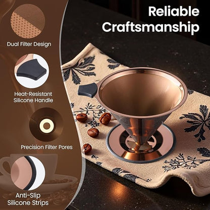 【2.0 Upgraded】 Pour Over Coffee Dripper, Stainless Steel Drip Cone Brewer, Reusable Metal Coffee Strainer with Non-Slip Ring & Handle, Paperless Pour Over Coffee Maker (2.0 Titanium Copper)