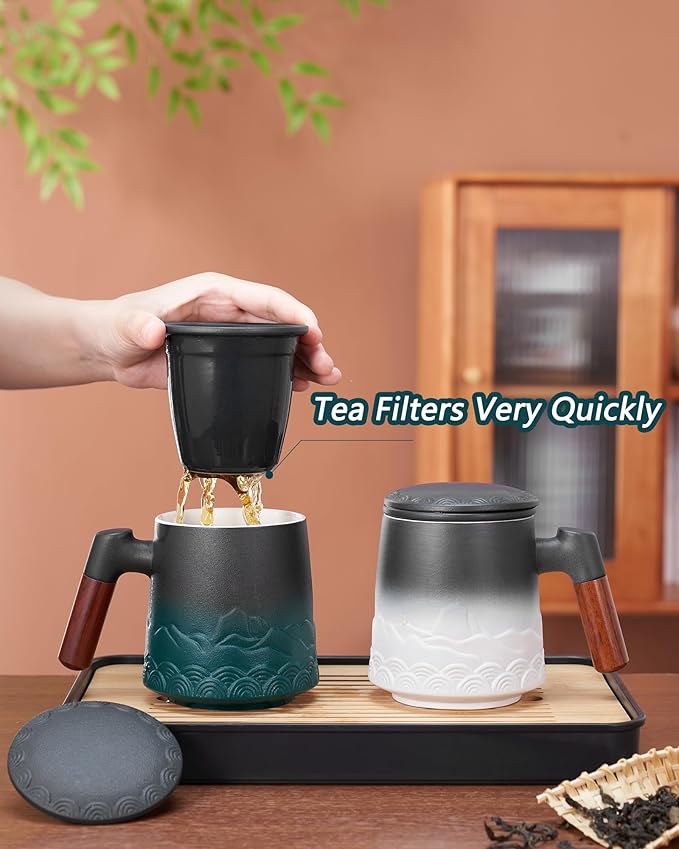 ZENS Tea Cup with Infuser and Lid for Loose Leaf Steeping, 16.9oz Embossed Ceramic Tea Infuser Mug, Wood Handle Tea Diffuser, Great Gift
