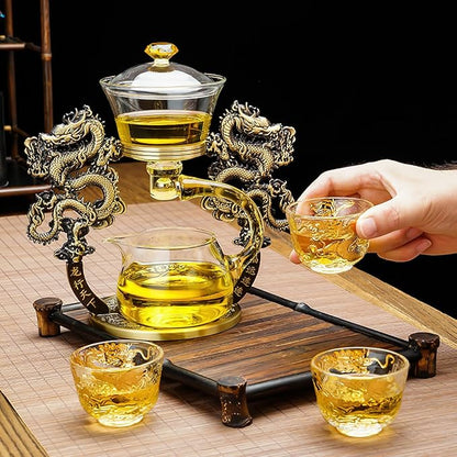Semi Automatic Drip TeaPot, Lazy Kung Fu Glass Magnetic Tea Set, Pure Copper Heat Resistant Glass Magic Teapot Set, Suitable for home/office Reception Tea Set, Perfect for Holiday Gifts