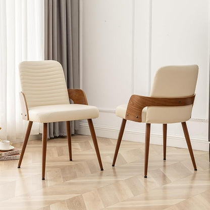Dining Room Chairs Set of 2,Mid Century Modern Kitchen Chair,Upholstered Faux Leather Accent Chairs,Metal Legs Wooden Desk Chair,Armless and No Wheels for Kitchen Dining,Beige PU