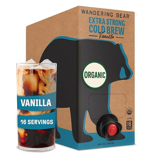 Wandering Bear Organic Vanilla Cold Brew Coffee On Tap, 96 fl oz - Extra Strong, Bold, Smooth, Unsweetened, Shelf-Stable, Ready to Drink, Gluten Free, & Vegan, Iced Cold Brewed Coffee Drinks