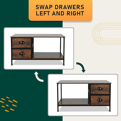 SENIG Coffee Table with Drawers, Coffee Table for Living Room, 2-Tier Coffee Tables with Storage Drawers，Brown Coffee Tables for Small Spaces, Rectangle Wood Ttable, Metal Side End Table