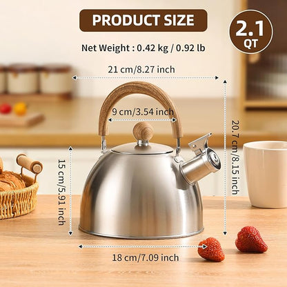 Tea Kettle, 18/8 Stainless Steel Whistling Teapot, 2.1 Quart Camping Tea Kettle for Stovetop, Water Coffee Pot with Anti-Hot Wood Handle (2L,Silver)