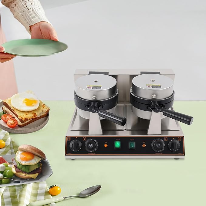 Commercial UFO Burger Maker Machine, 2.4KW Electric Dual Head Burger Waffle Cone Maker, 180° Rotating Ice Cream Sandwich Maker w/Non-stick Baking Tray for Household Or Commercial (Dual Head)