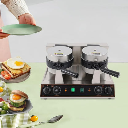 Commercial UFO Burger Maker Machine, 2.4KW Electric Dual Head Burger Waffle Cone Maker, 180° Rotating Ice Cream Sandwich Maker w/Non-stick Baking Tray for Household Or Commercial (Dual Head)