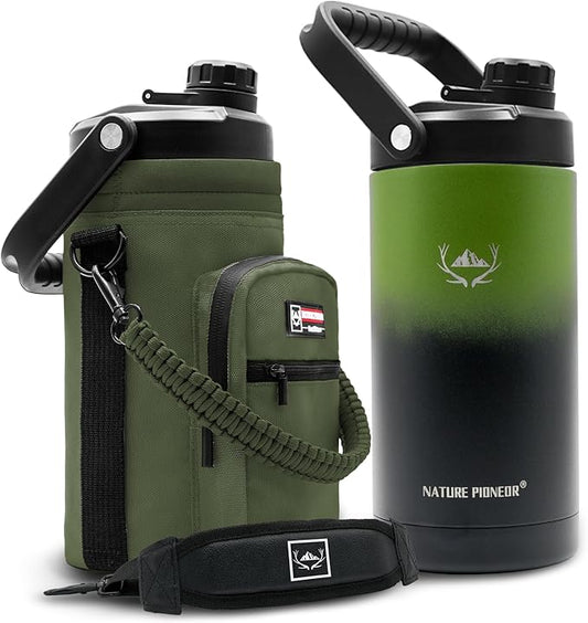 NATURE PIONEOR Insulated Water Bottles with Strap - 64 oz Stainless Steel Vacuum Wide Mouth Bottle with Holder/Carrier/Sleeve - 18/8 Food Grade 64oz Half Gallon Water Jug