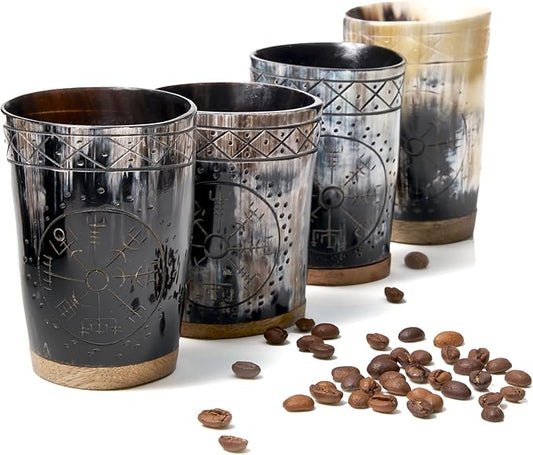 Ox Horn Shot Glass Set of 4 – Handcrafted Viking Cups with Unique Engraved Design – Cool Norse Horn Shot Glasses for Ancient Age Whiskey, Mead & Spirits – Rustic Gift for Men, Barware Collection