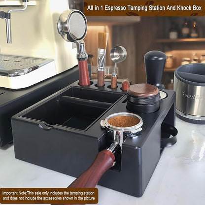 Espresso tamping station knock box,tamper station,Espresso station fit for storage 51-58mm tamper,distributor,portafilter,puck screen accessories,9 in 1 espresso knock box and tamper station