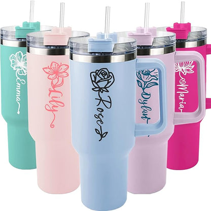 ThermoThrill Ships Next Day, Personalized 40 Oz Tumbler with Handle and Straw Custom Tumbler with Text Stainless Steel Mug Birthday Gifts for Women (3.Personalized with Birth Flower, 40OZ)