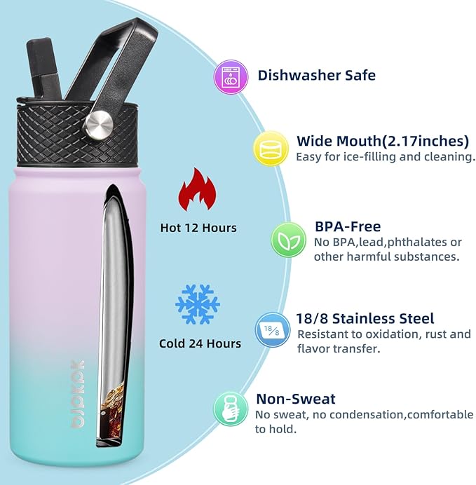 BJPKPK 2 Pack Insulated Water Bottles with Straw Lids, 18oz Stainless Steel Metal Water Bottle with 6 Lids, Leak Proof BPA Free Jugs, Cups, Flasks for Travel, Sports (Lavender Green+Black)
