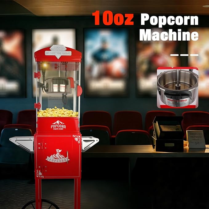 10oz Popcorn Machine with Cart, Wheels & Stainless Steel Kettle, Vintage Movie Theater Style, Popcorn Maker Machine for Parties, Events, Home & Commercial Use, Red