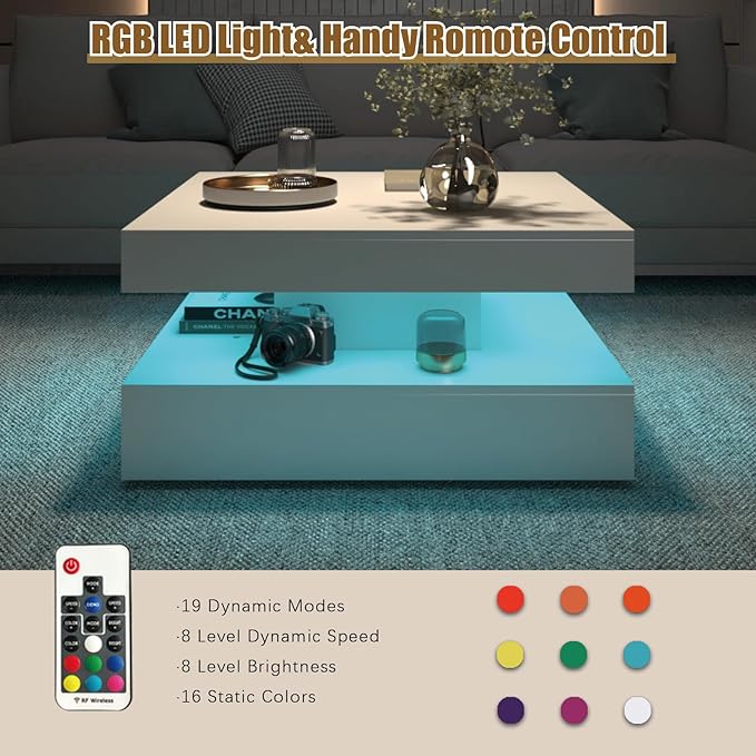 White LED Coffee Table with 2 Storage Drawers for Living Room Square Center Middle Table Modern Cocktail Table with Light 2-Tier Tea Tables Contemporary Mid Century Wood Home Office Waiting Room