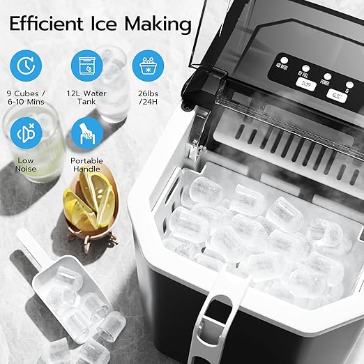 ZAFRO Countertop Ice Maker, 26.5Lbs/24H, 9 Bullet Cubes in 6 Mins, Self-Cleaning Portable Ice Machine with 2 Ice Sizes (S/L), Quiet Compact Design, Double Handles, for Home, Party, RV, Camping, Black