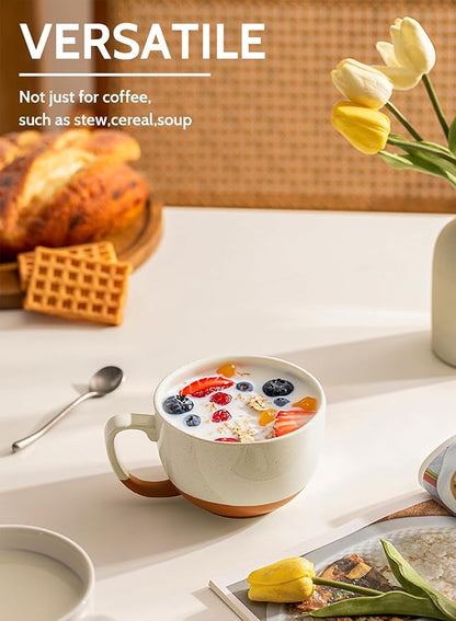 Teocera Beige Coffee Mugs Set of 4, 16 oz Ceramic Coffee Mug, Large Mug Set with Handle for Cold or Hot Drinks like Cocoa, Latte, Milk, Cereal, Durable Porcelain with Nordic Style