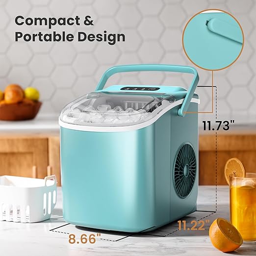 Portable Ice Maker Machine with Handle, 26lbs/24Hrs, 6Mins/9 Ice Cubes, Self-Cleaning with Basket/Scoop, Countertop Ice Makers for Home/Kitchen/Office(Green)