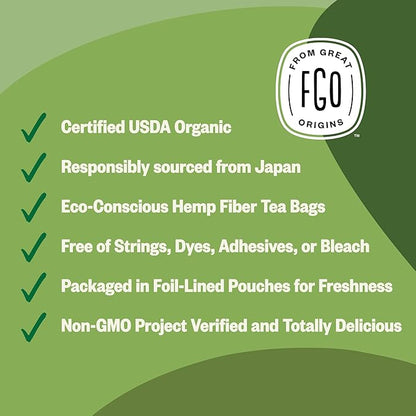 FGO Organic Japanese Matcha + Green Tea, 100 Count, Eco-Conscious Tea Bags, Resealable Bag, Packaging May Vary (Pack of 1)