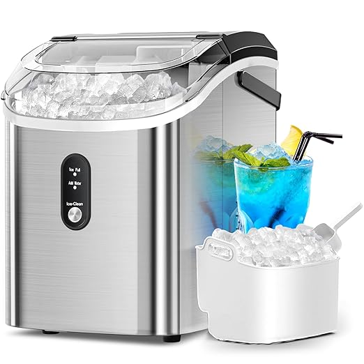 Nugget Ice Maker Countertop with Self-Cleaning Function, Sonic Ice Machine with Handle, Compact Design for Home Use(Stainless Steel Silver)