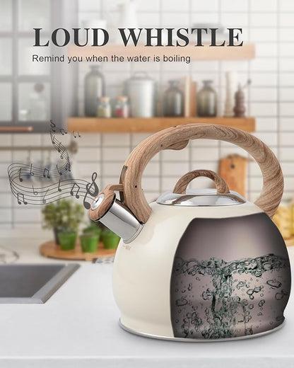 Tea Kettle Stovetop,2.7QT Stainless Steel Whistling Teapot for Stove Top Aesthetic,Portable Water Kettles Camping with Anti-hot Silicone Handle,Suitable for All Heat Sources,Milky White
