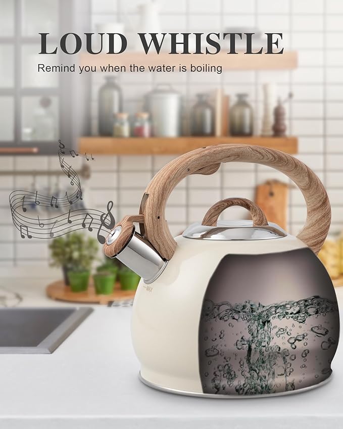 Tea Kettle Stovetop,2.7QT Stainless Steel Whistling Teapot for Stove Top Aesthetic,Portable Water Kettles Camping with Anti-hot Silicone Handle,Suitable for All Heat Sources,Milky White