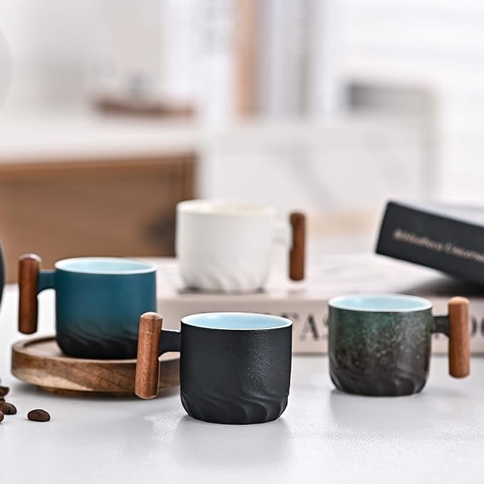 2 oz Espresso Cups Set of 2, Ceramic Espresso Cups with Wooden Handle Small Tea Cups